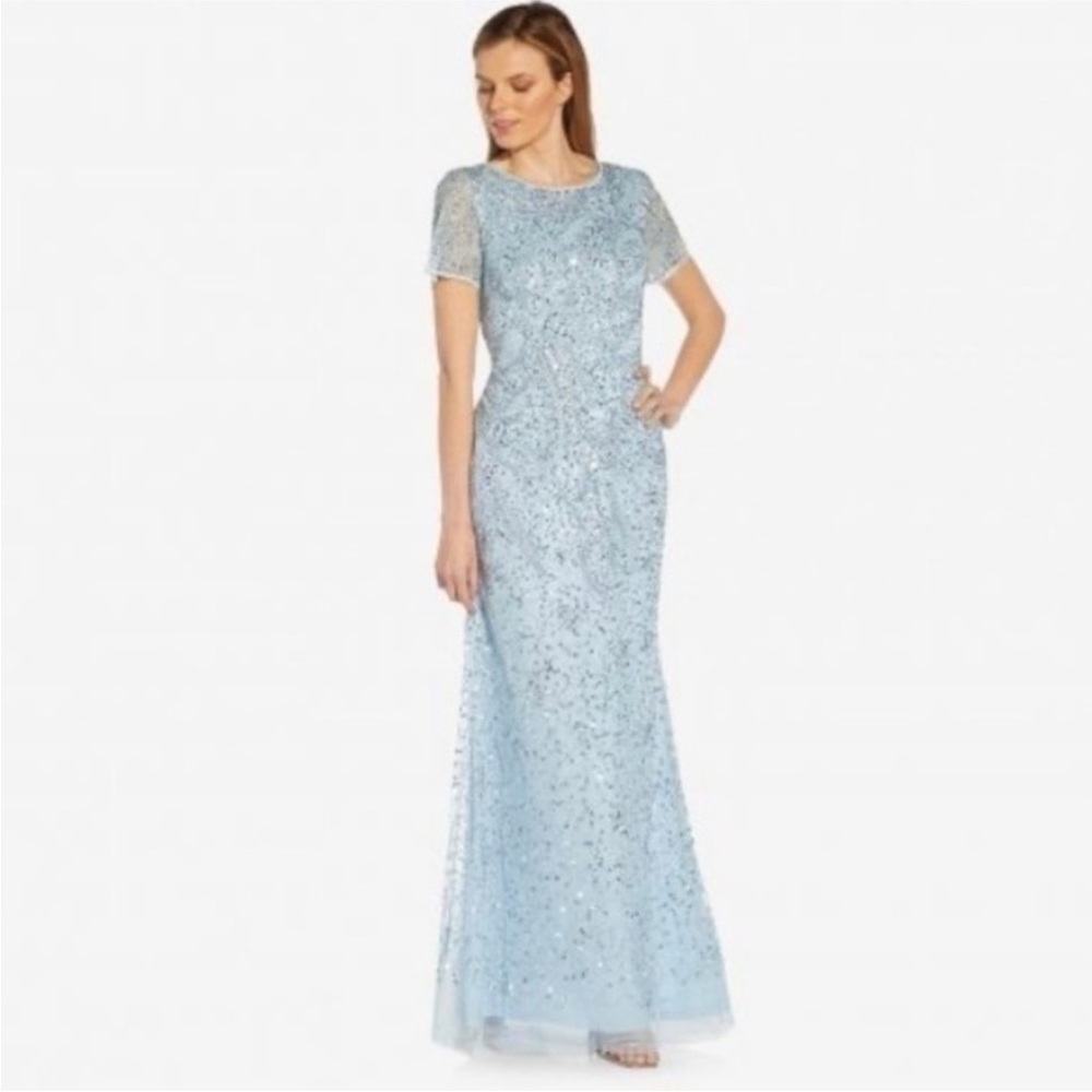 Adrianna Papell Beaded Short Sleeve Gown in Elegant Sky Size 10